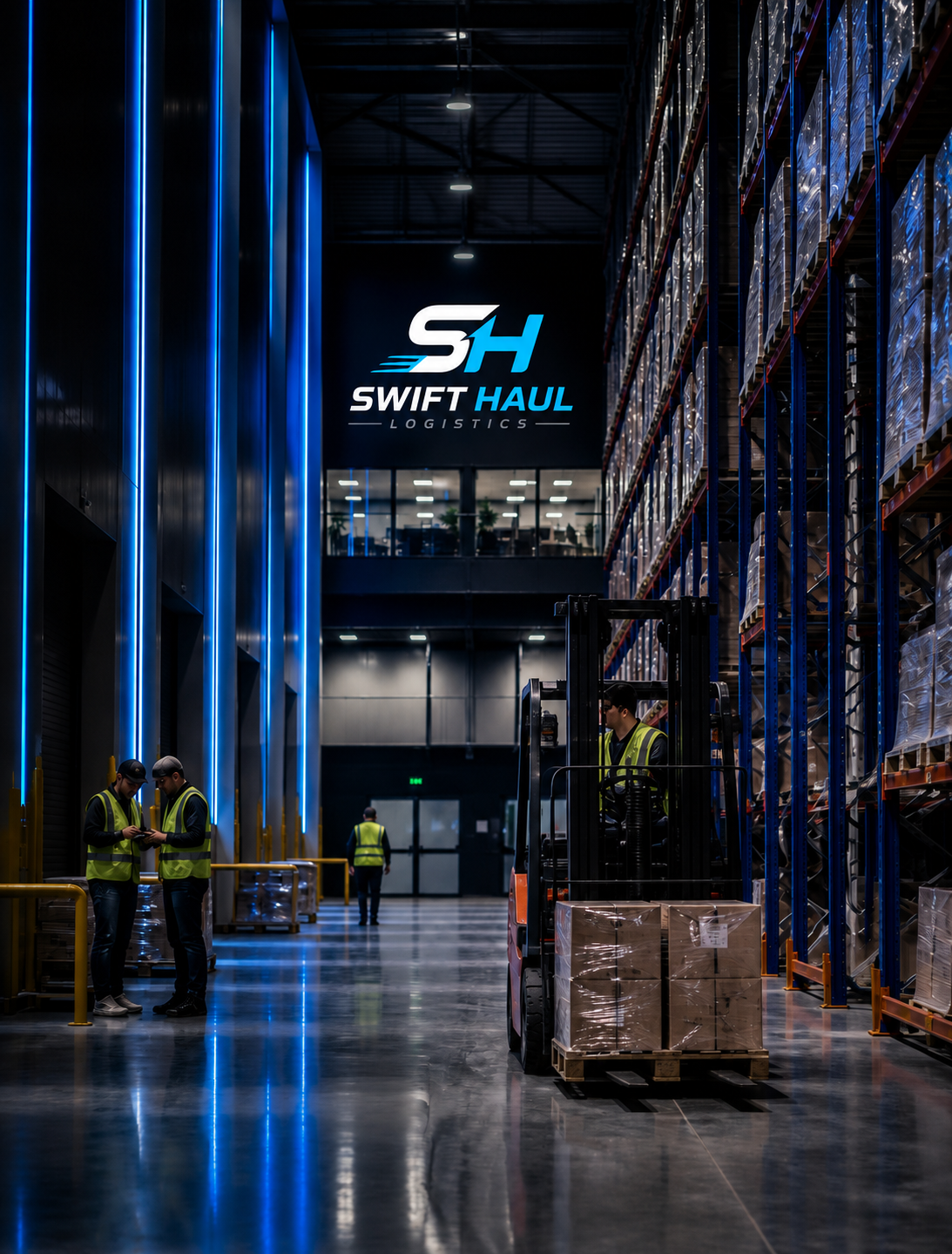 Swift Haul warehouse interior with forklift, staff, and branded logo on the back wall