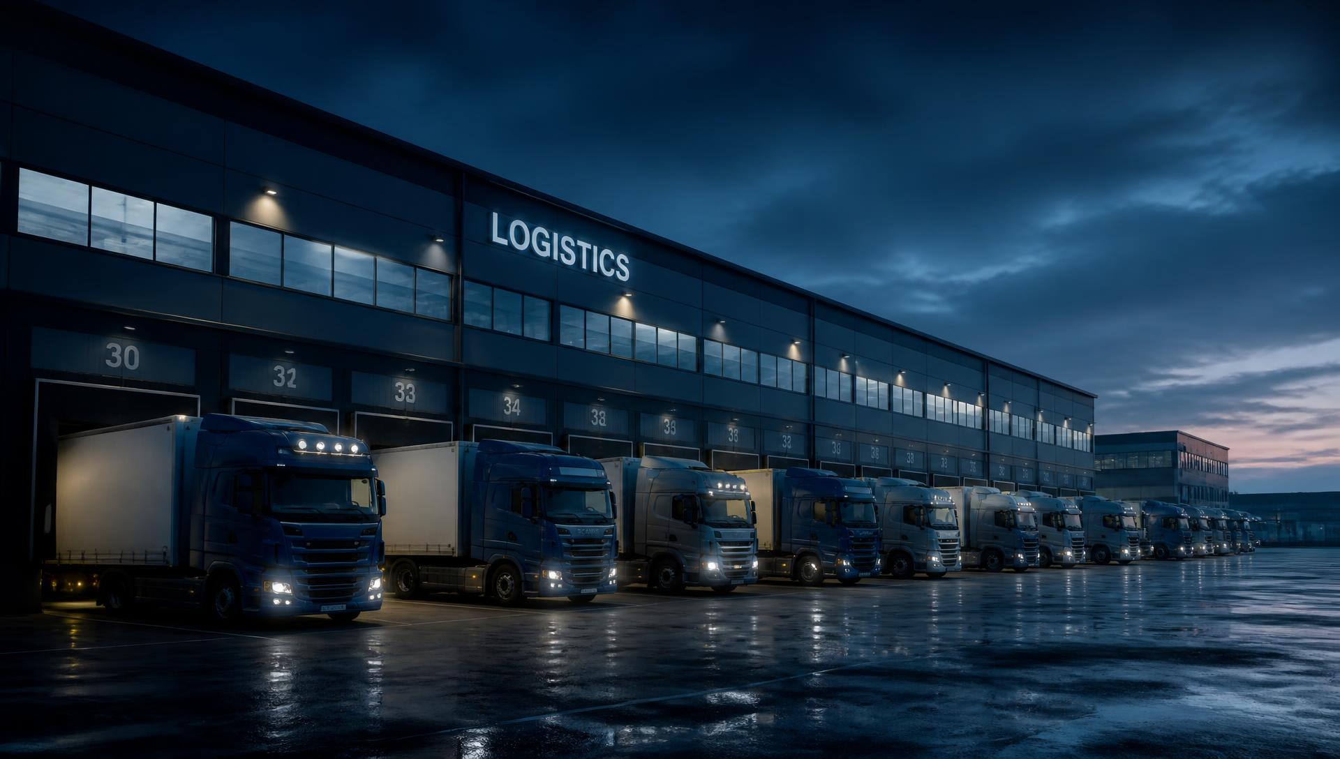 Swift Haul Logistics fleet parked at a distribution warehouse at dusk