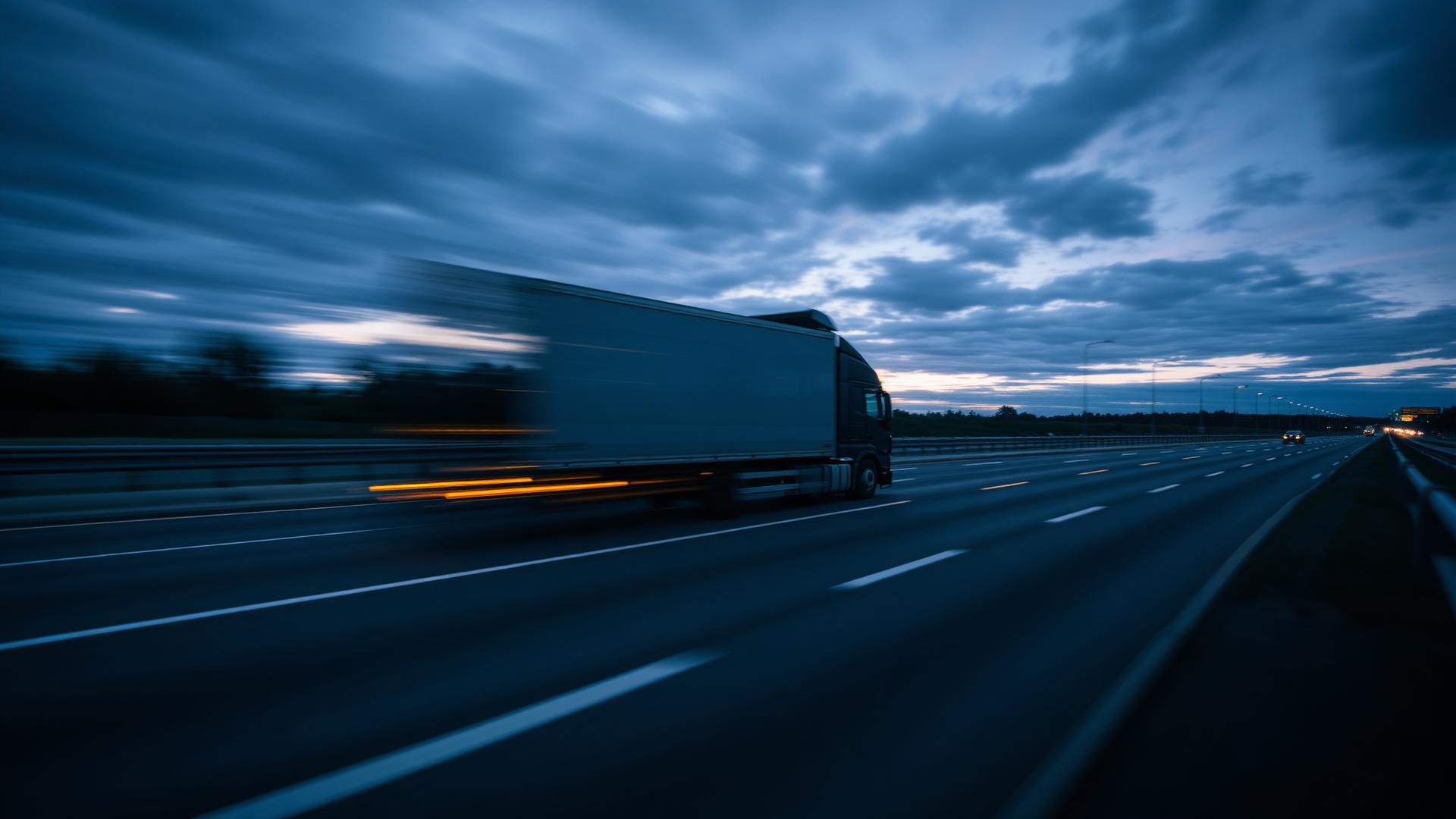 Freight truck speeding along a highway at dusk