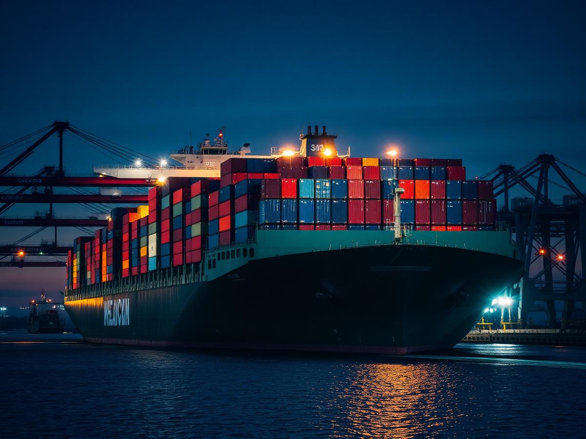 Container ship loaded with containers docked at a port at dusk